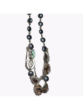 Vintage Abalone Shell Necklace America Boho Blue Beaded Statement Silver Tone
